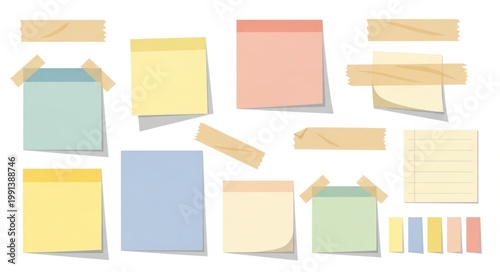 Collection of colorful sticky notes and tape strips.