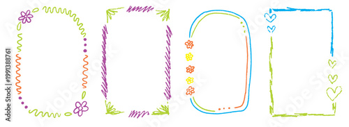 Minimal doodle lines with pastel palette and chalk effect. Crayon kindergarten frame set for children layouts, school graphics and photos.