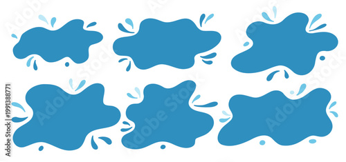 Watery blot and splash elements in blue tones. Frame puddle water illustration