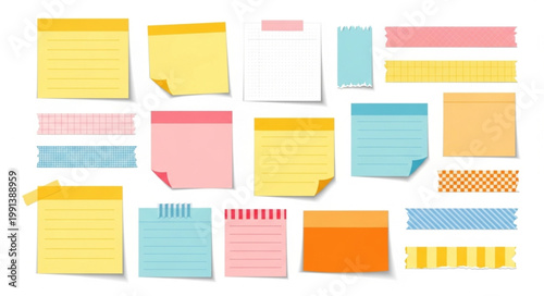 Collection of colorful sticky notes and washi tapes.