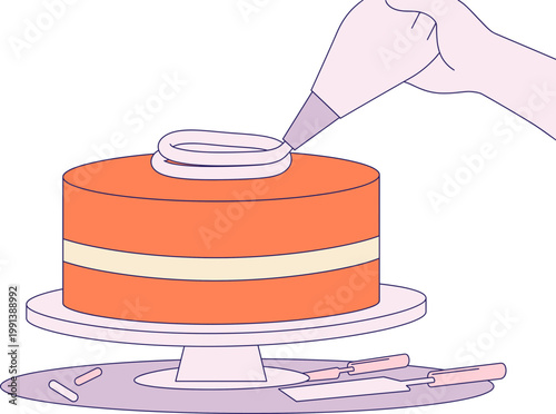 A hand decorating a vibrant orange cake with white frosting on a stand.