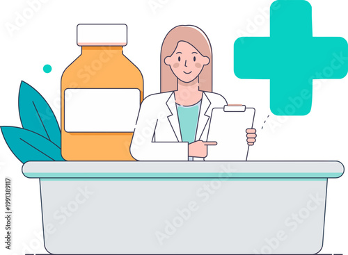 Female pharmacist consulting patient at pharmacy counter with medication