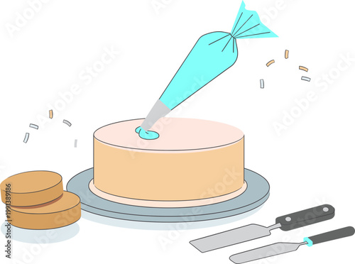 A person decorates a cake with icing and sprinkles on a plate with knives.
