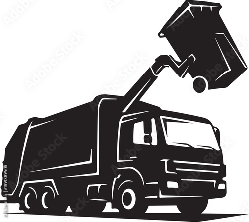 Garbage truck, waste management vehicle, dumpster lifter, sanitation truck, black silhouette