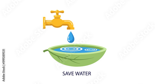 Save Water Concept Illustration Featuring a Faucet Dripping into a Leaf Bowl.