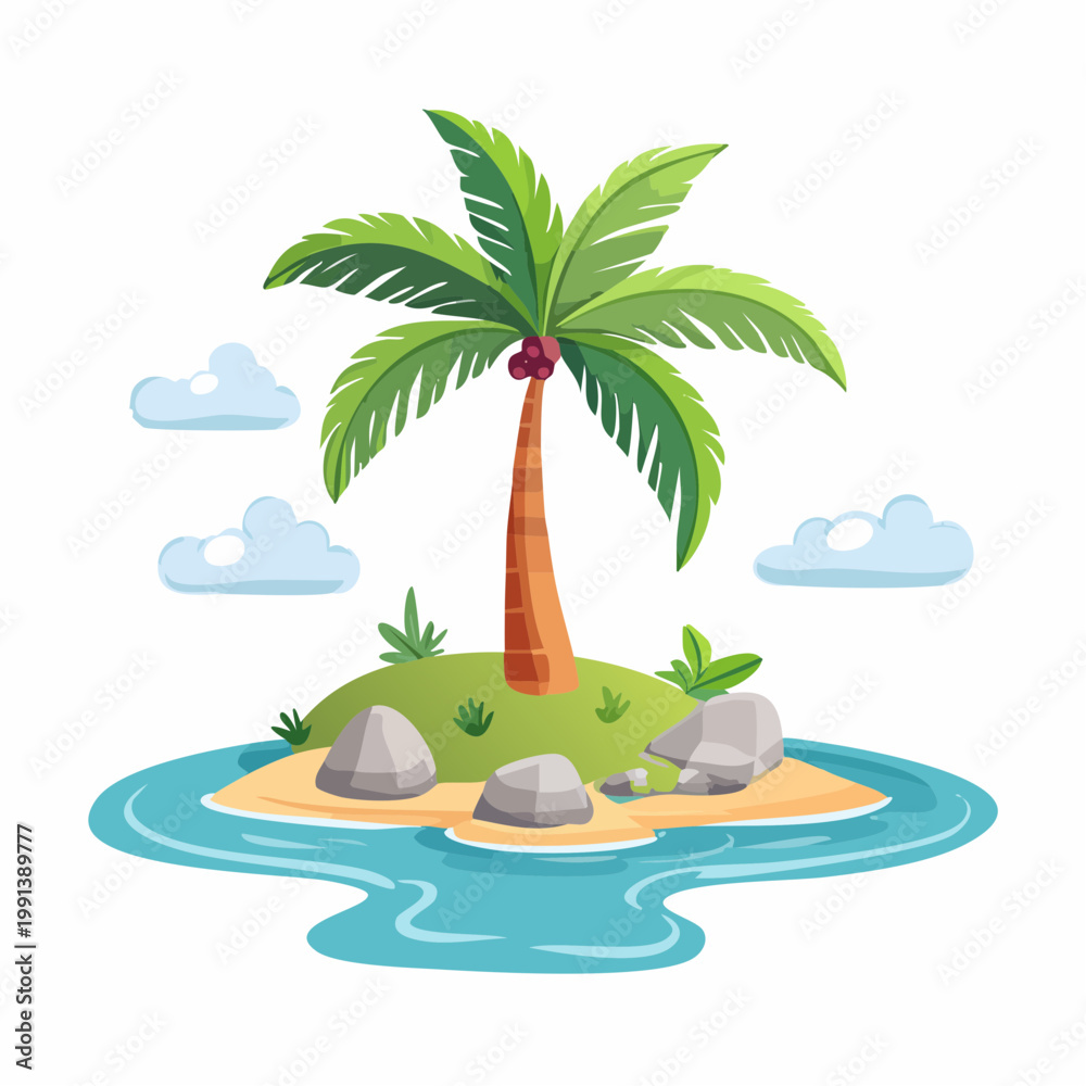 Obraz premium Cartoon tropical island with palm tree and clouds