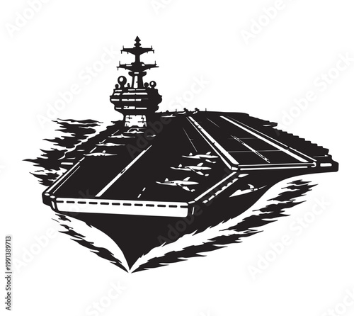 Aircraft Carrier Silhouette Vector, Top View Flight Deck Navy Warship, Black and White Maritime Illustration