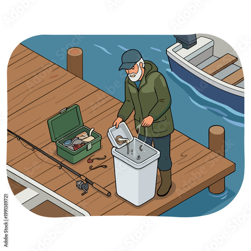 Man on dock preparing fishing gear with tackle box and cooler nearby