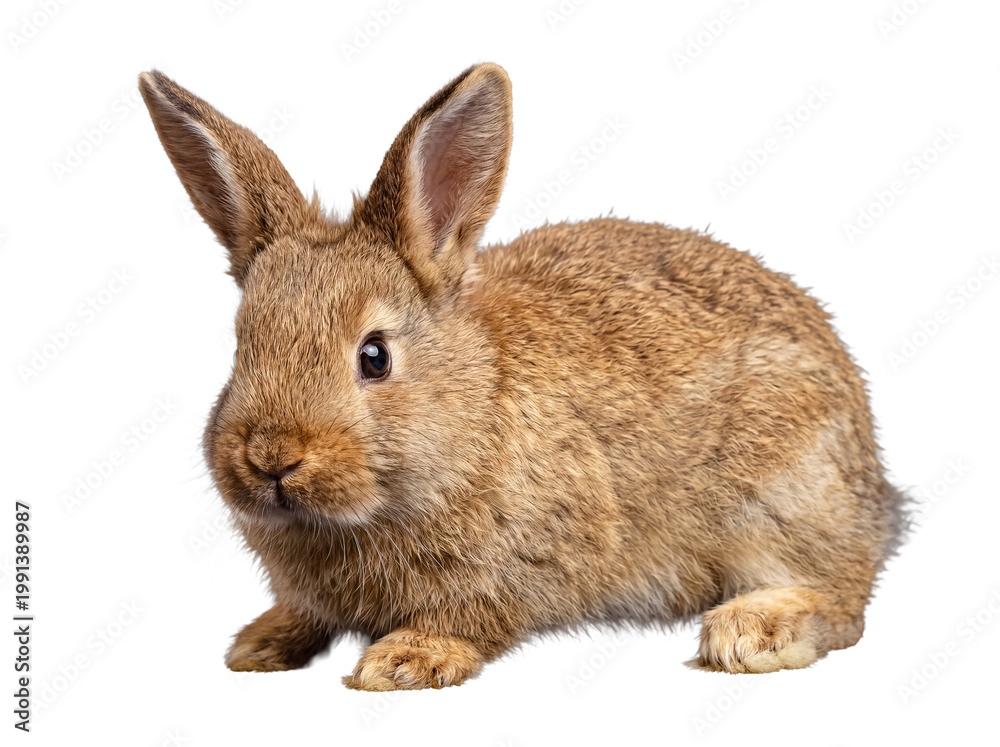 Obraz premium Adorable brown rabbit sitting and looking directly forward on a transparent background, expressing gentleness.