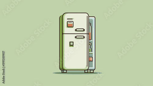 Vector illustration of a vintage refrigerator, symbolizing food storage and preservation in a kitchen setting