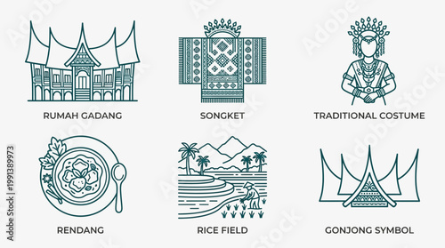 Minangkabau cultural icon set featuring Rumah Gadang, songket, traditional costume, rendang, rice field, and gonjong symbol in clean outline vector style, isolated on white background.