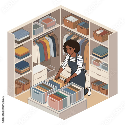 Woman organizing clothes and boxes in a large walk-in closet interior