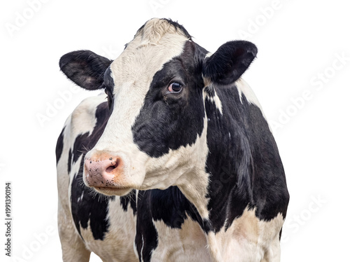 Quadro su tela Detailed portrait of a Holstein Friesian cow with black and white markings, looking left, on a transparent background