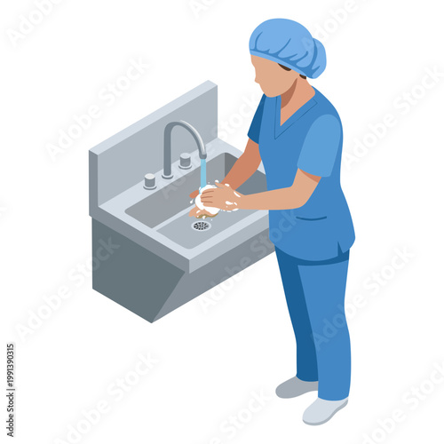 Nurse washing hands thoroughly at hospital sink with soap