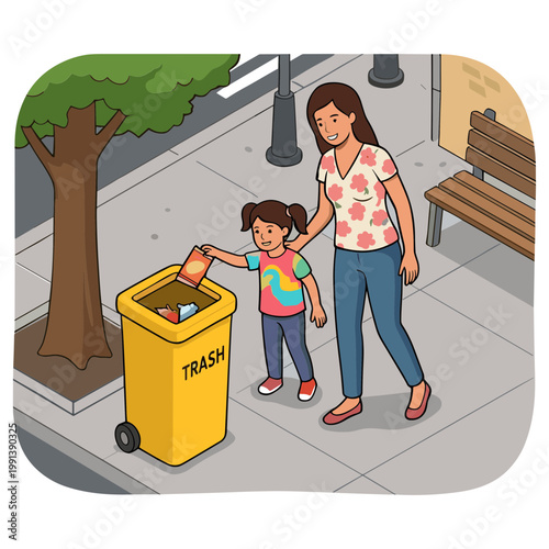 Woman and child throwing trash into a yellow bin on a sidewalk