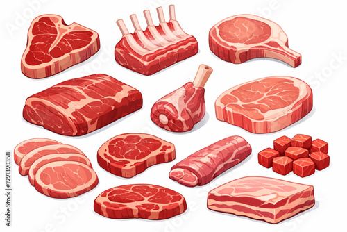 Cartoon raw meat set. Beef, lamb, pork fresh fillet, steak for butcher shop, menu, farm market vector illustration