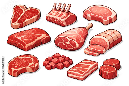 Cartoon fresh meat. Raw beef, lamb leg, steak, rack of pork ribs, minced meat, bacon. Variety cooking farm product ingredient vector set. Butcher shop or store, meal for bbq or grill