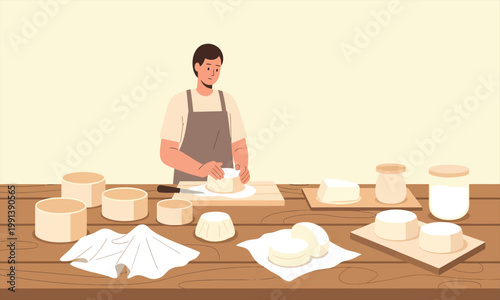 Man Making Fresh Cheese by Hand on a Wooden Table