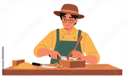 A carpenter shaping wood using a chisel and tools on a workbench