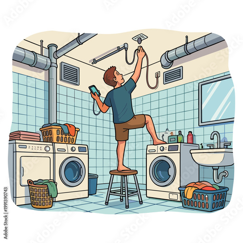 Man fixing electrical outlet on ceiling in laundry room with washing machines