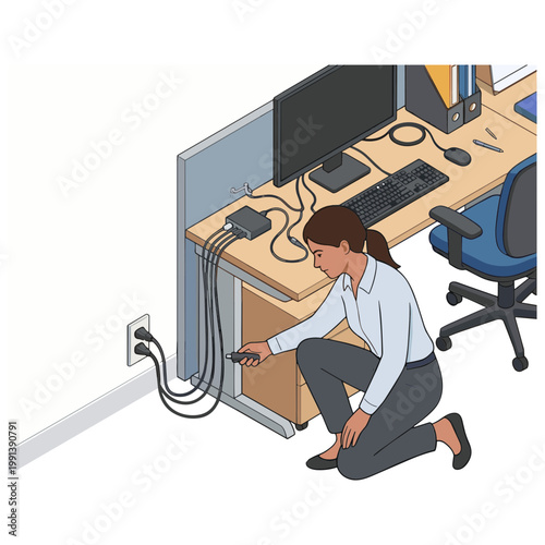 A woman plugging cables into a socket under her office desk