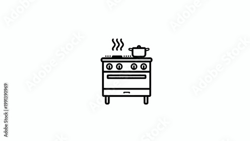 Simple line art icon representing a kitchen stove with a pot on top, emitting steam for cooking