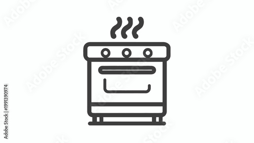 A modern line art icon depicting a kitchen oven with steam rising, symbolizing cooking and home appliance