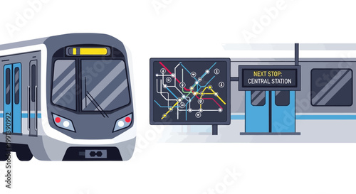Modern tram with route information display.