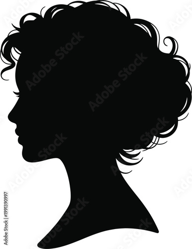 Black silhouette woman profile displays voluminous curly hair and elegant neck.