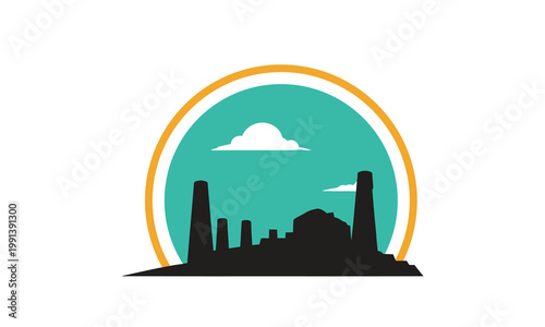 Stylized graphic illustration of an industrial cityscape silhouette, featuring factories and urban buildings against a teal sky and cloud, framed by a vibrant orange circle