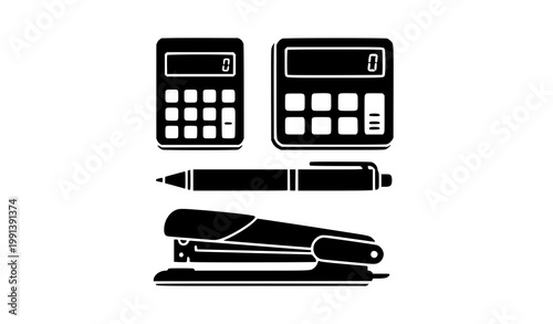Vertical stationery icons silhouette with calculator pen and stapler in modern flat vector style