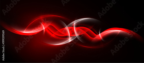 Abstract red waves, glowing lines, dark background. Dynamic composition creates energy, modern aesthetic. Smooth curves suggest movement.