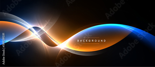 Abstract waves, vibrant orange, blue hues. Dynamic light effects create modern background. Smooth curves, dark space contrast.