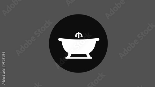 Simple white bathtub icon on a dark circular background, representing a clean and comfortable bathroom