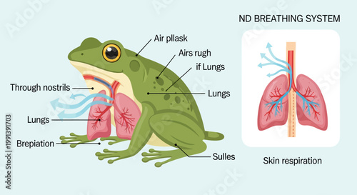 Detailed Diagram of Frog Respiration System and Human Lungs Comparison.