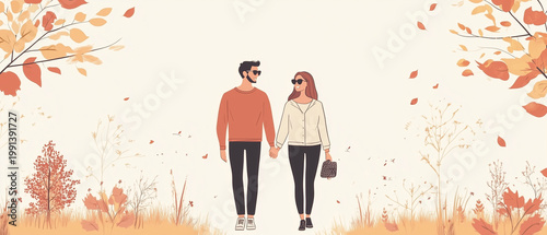 Young couple holding hands in an autumn park