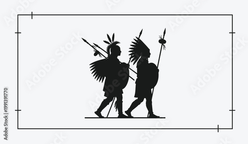Two Indigenous Warriors Illustrated in Silhouette on a White Background
