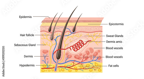 Detailed Diagram of Human Skin Layers and Hair Follicle Anatomy.