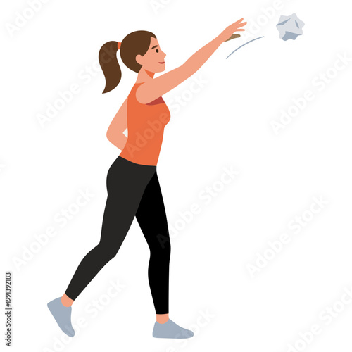 Woman throws paper outdoors in daytime with energetic movement and focused expression