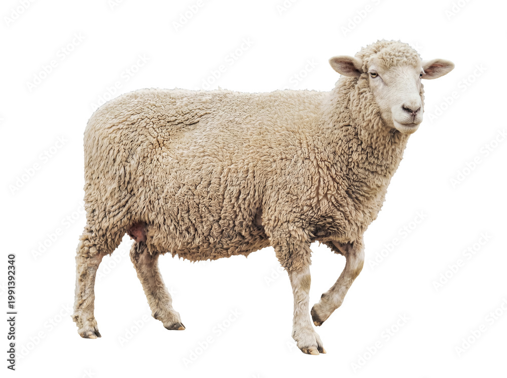 Fototapeta premium A robust white domestic sheep, with a dense, textured woolly coat, walks forward with a determined stride.