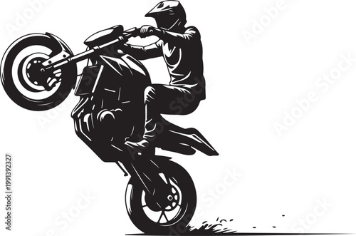 Motorcycle rider, biker performing stunt, black silhouette, vector illustration, action sports