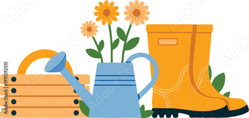 Minimal gardening tools illustration with rake watering can flowers and rain boot flat vector design on white background