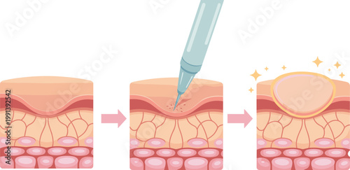 Medical infographic vector showing skin layers with needle injection for dermal fillers anti aging treatment and collagen restoration procedure for dermatology and beauty healthcare clinic marketing
