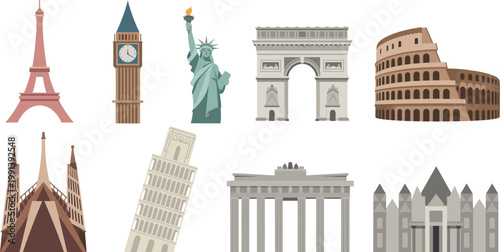 Flat vector collection of famous global landmarks featuring Eiffel Tower Big Ben Statue of Liberty Colosseum Leaning Tower of Pisa and Brandenburg Gate for international travel and tourism design