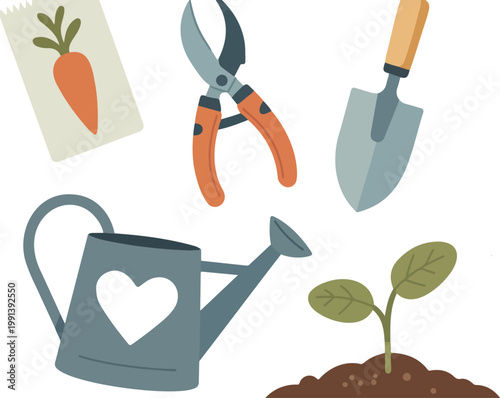 Minimal gardening tools illustration with carrot pruning shears trowel watering can and sprout flat vector design on white background