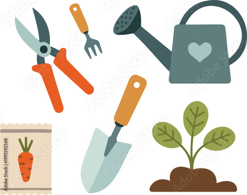 Minimal gardening tools illustration with carrot pruning shears trowel watering can and sprout flat vector design on white background