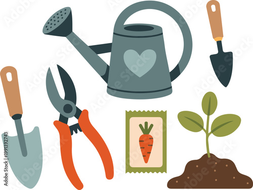 Minimal gardening tools illustration with carrot pruning shears trowel watering can and sprout flat vector design on white background