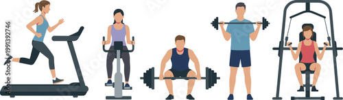 Flat vector illustration set of diverse people exercising in a gym with treadmill, stationary bike, barbells, and weights