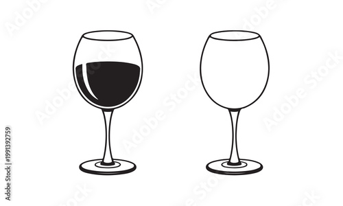 Two wine glasses one filled with red wine one empty clean line art vector illustration.