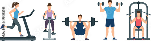 Flat vector illustration set of diverse people exercising in a gym with treadmill, stationary bike, barbells, and weights